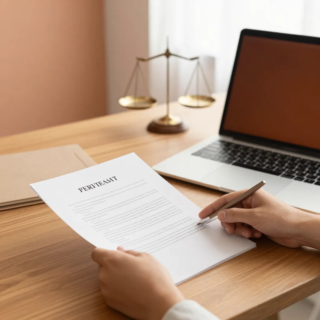 Manos revisando un contrato junto a una laptop y una balanza de la justicia