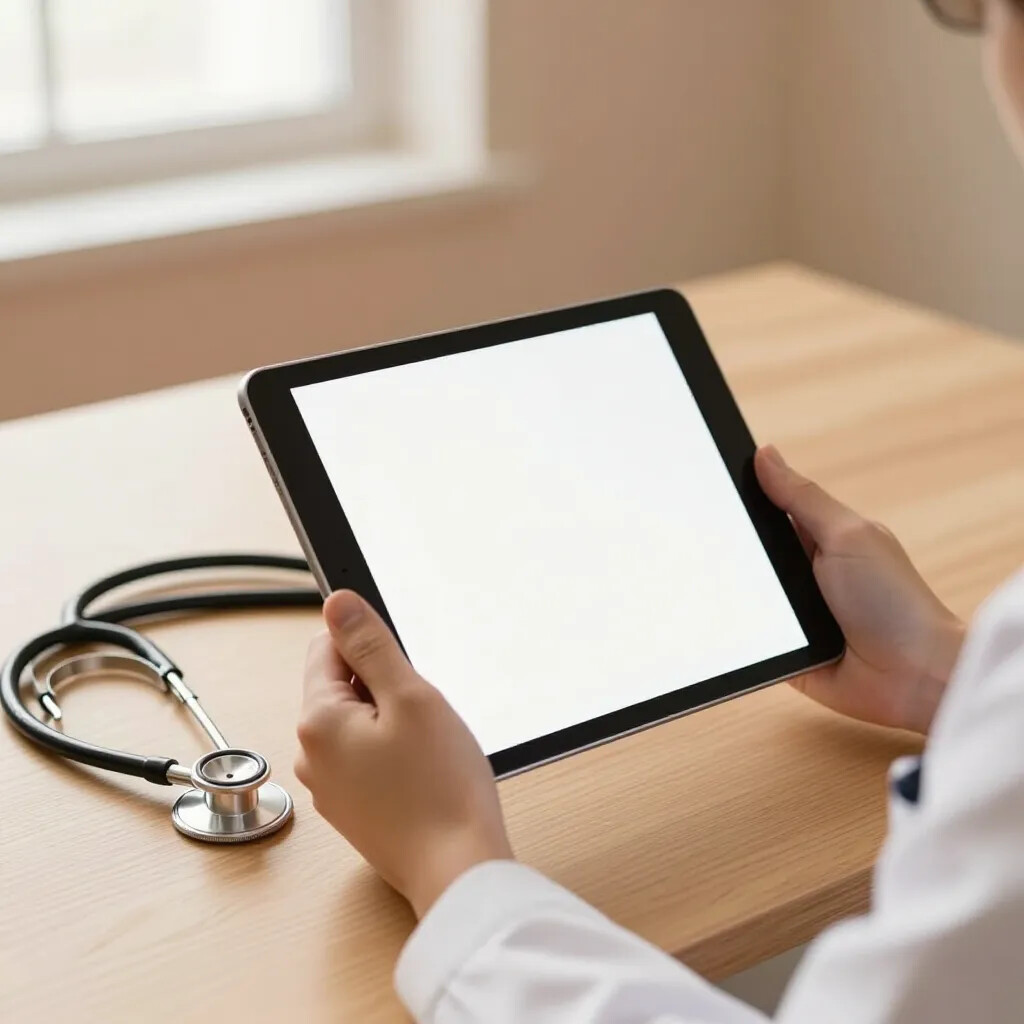 Manos de un profesional de la salud sosteniendo una tablet junto a un estetoscopio